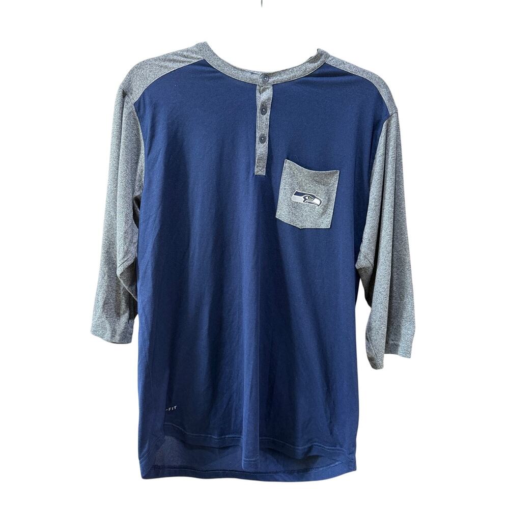 Seattle Seahawks Nike Dri-Fit Mens Blue Gray Henley Logo Shirt Size Large